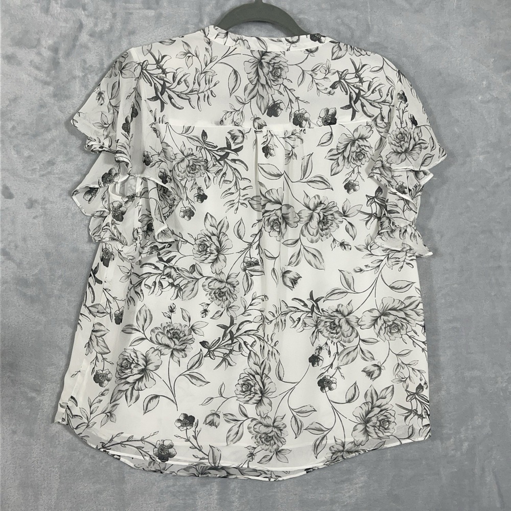 Tahari Blouse White Black Floral Flutter Short Sleeve NWT L Sheer Lined Career - Picture 10 of 13